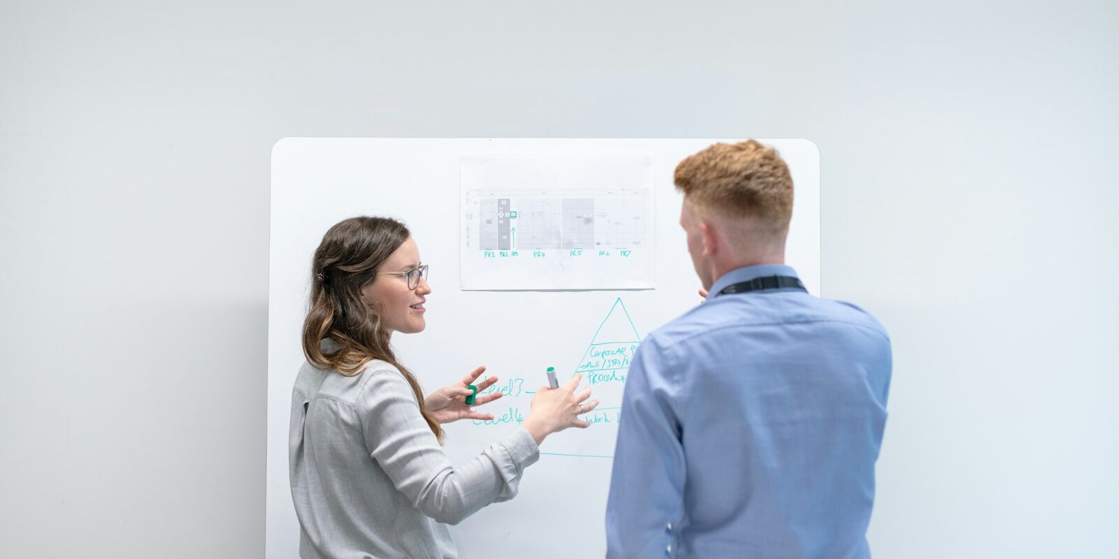 Zwei Kollegen diskutieren am Whiteboard